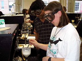 A pair of students performing an experiment.