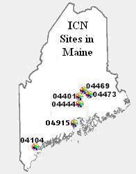 A map of the ICN sites in Maine. There are six different sites.